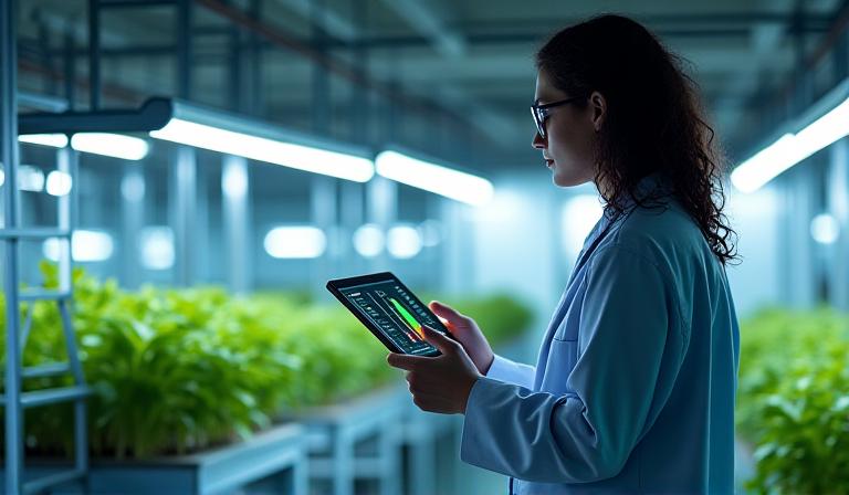 Eine Person überprüft Daten auf einem Tablet in einem Gewächshaus