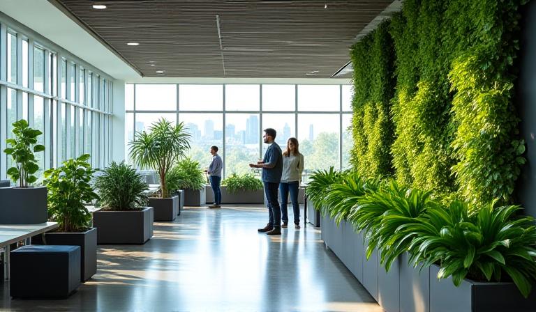 Ein modernes Großraumbüro mit integrierten grünen Wänden und Pflanzeninseln
