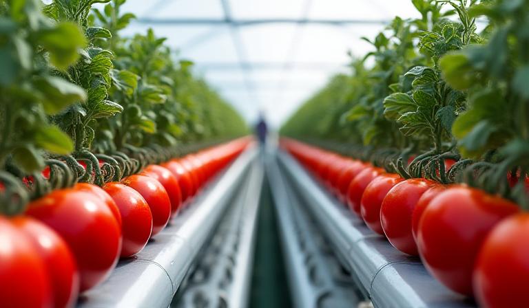 Ein modernes Gewächshaus mit perfekten Tomatenreihen, gesteuert durch KI