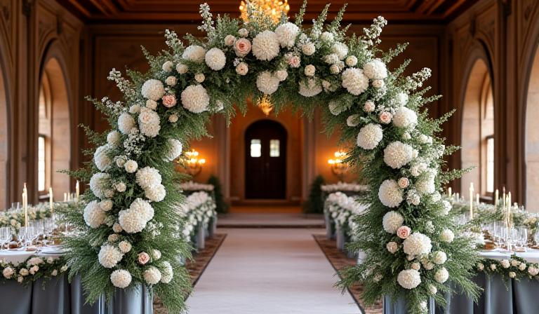 Üppige Blumendekoration in einem historischen Schloss für eine Hochzeit