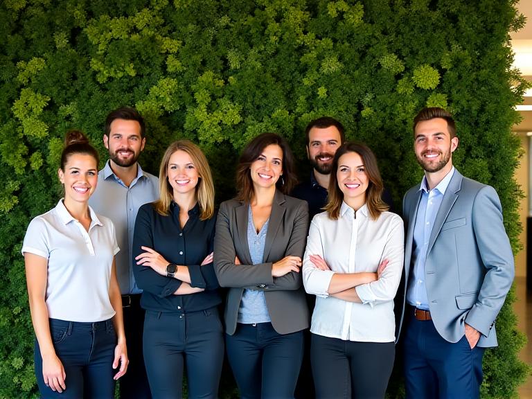 Das Team von Arktis Gärtner steht lächelnd vor einer grünen Pflanzenwand